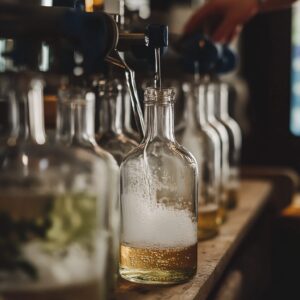 A photo of gin bottles being refilled