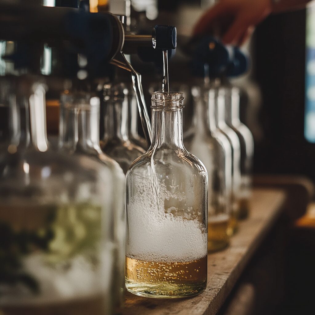 A photo of gin bottles being refilled